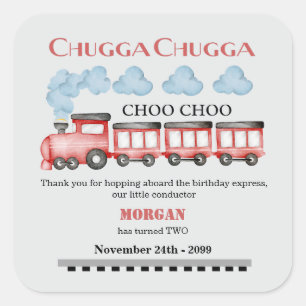 Pegatina Cuadrada Cute Watercolor Tren rojo segundo cumpleaños