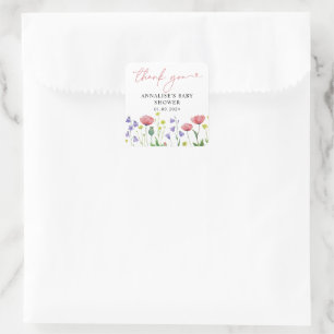 Pegatina Cuadrada Cute Watercolor Wildflower Baby Shower Gracias