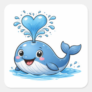 Pegatina Cuadrada Cute Whale Heart Water Cartoon Art Sticker