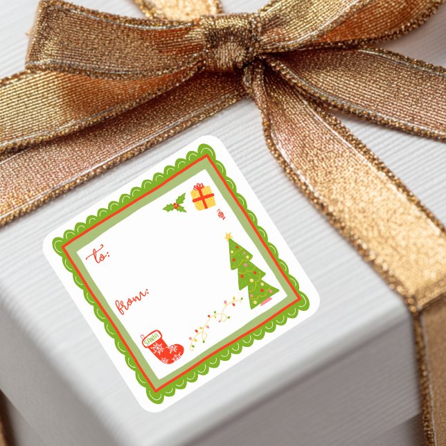 Pegatina Cuadrada Cute Whimsical Christmas Holiday CUSTOM TO FROM (Cute Whimsical Christmas Holiday CUSTOM TO FROM Square Sticker
)