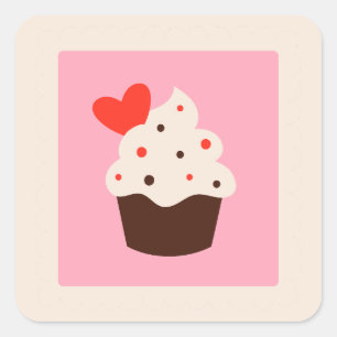 Pegatina Cuadrada Cute Whimsical Cupcake de Corazón Rojo Día de San 