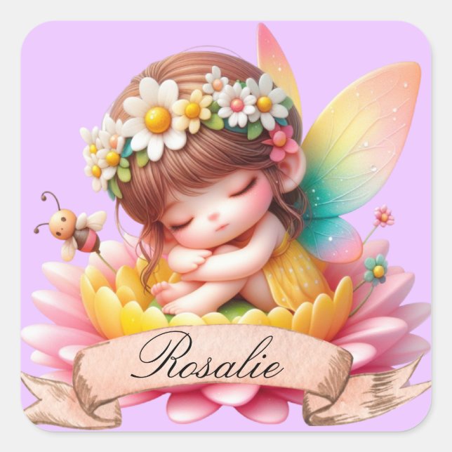Pegatina Cuadrada Cute Whimsical Floral Sweets Dreams Sleeping Fairy (Anverso)