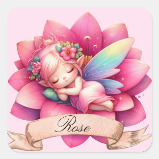 Pegatina Cuadrada Cute Whimsical Floral Sweets Dreams Sleeping Fairy