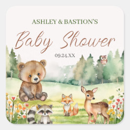 Pegatina Cuadrada Cute Whimsical Neutral Woodland Animal Baby Shower