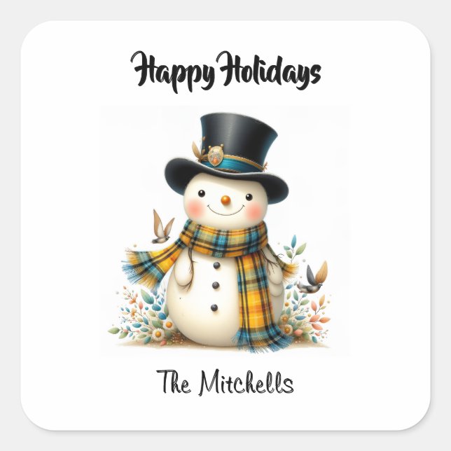 Pegatina Cuadrada Cute Whimsical Snowman Square Sticker (Anverso)