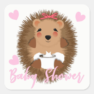 Pegatina Cuadrada Cute Whimsy Woodland Hedgehog Baby Girl Shower