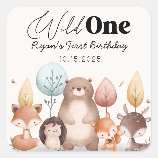Pegatina Cuadrada Cute Wild One Forest Woodland Animals Cumpleaños (Anverso)