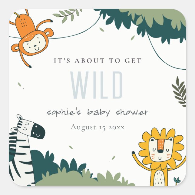 Pegatina Cuadrada Cute Wild Tropical Jungle Animals Baby Shower (Anverso)