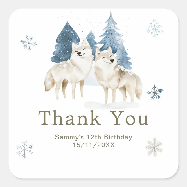 Pegatina Cuadrada Cute Winter Arctic Wolf Birthday Party (Anverso)
