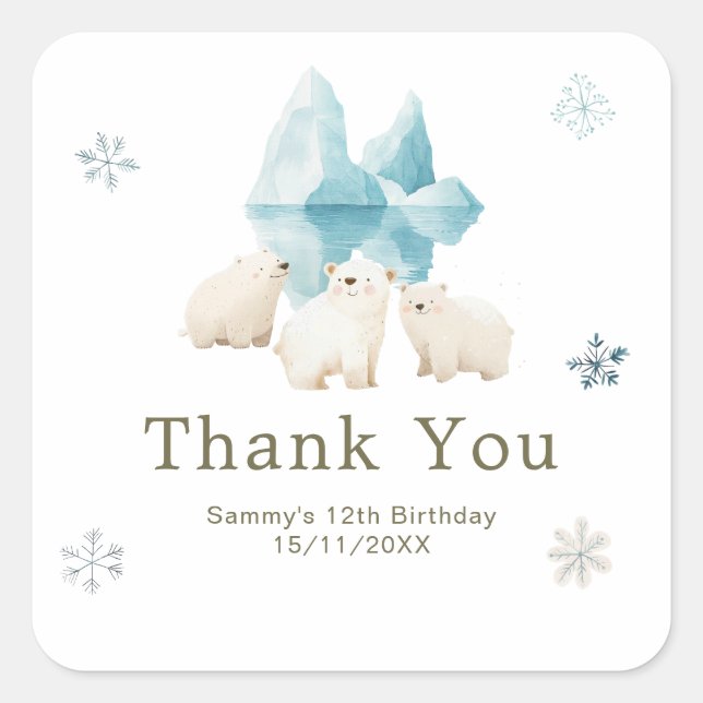 Pegatina Cuadrada Cute Winter Polar Bears Birthday Party (Anverso)