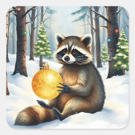 Pegatina Cuadrada Cute Winter Raccoon with Gold Ornament Christmas