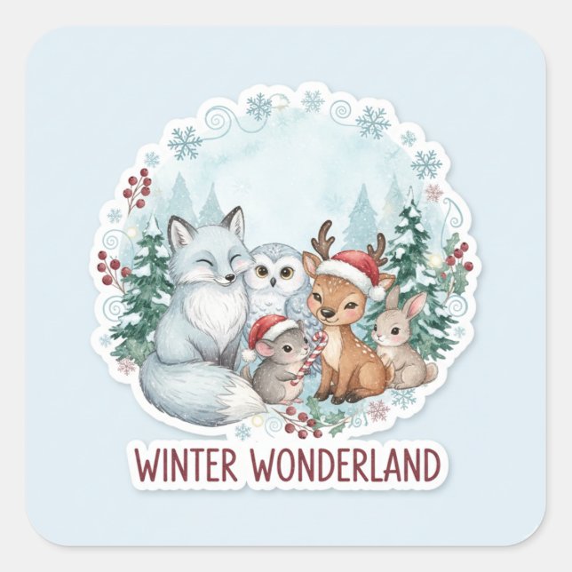 Pegatina Cuadrada Cute Winter Woodland Creatures Zazzle Gift  (Anverso)