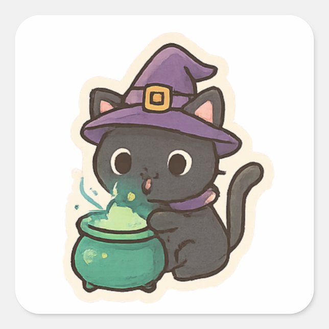 Pegatina Cuadrada Cute Witch Cat Brewing Potion – Kawaii Halloween (Anverso)