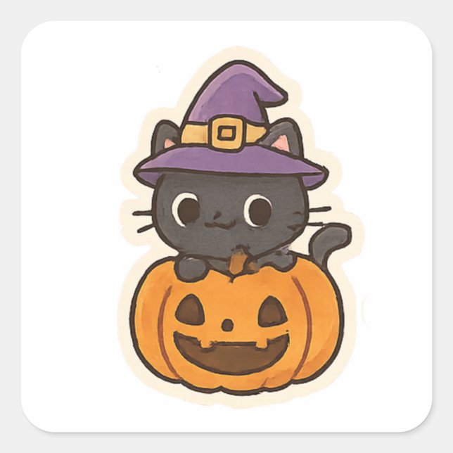 Pegatina Cuadrada Cute Witch Cat in PumpkinKawaii Halloween (Anverso)