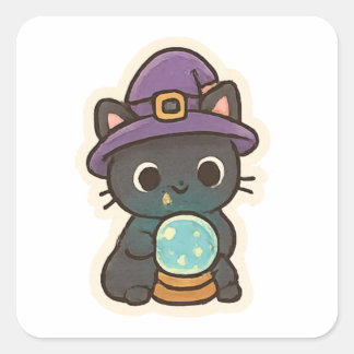 Pegatina Cuadrada Cute Witch Cat with Crystal Ball Kawaii