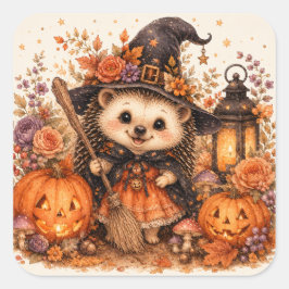 Pegatina Cuadrada Cute Witch Hedgehog Halloween Broomstick Pumpkins 