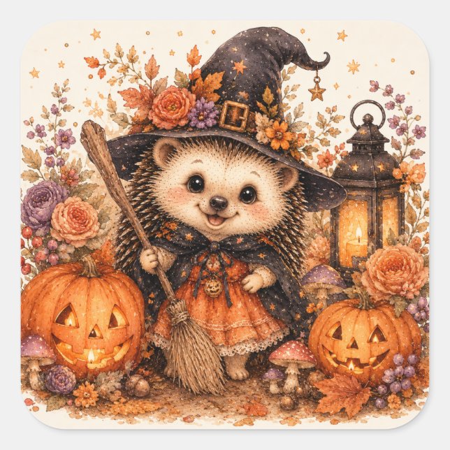 Pegatina Cuadrada Cute Witch Hedgehog Halloween Broomstick Pumpkins  (Anverso)