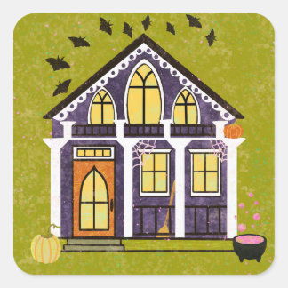 Pegatina Cuadrada Cute Witchy Haunted Halloween Cottage 