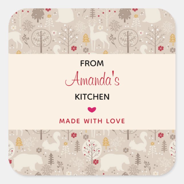 Pegatina Cuadrada Cute Woodland Animales Nórdicos Patrón Cocina (Anverso)