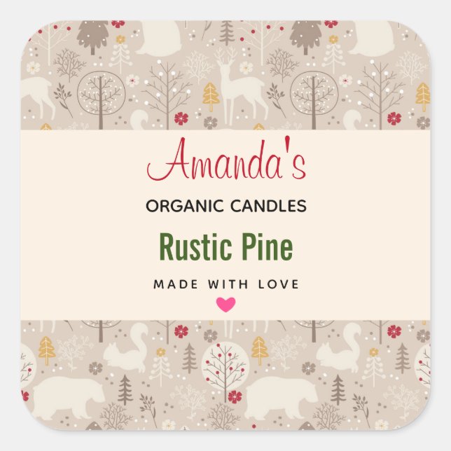 Pegatina Cuadrada Cute Woodland Animales Nórdicos Patrón Vela (Anverso)