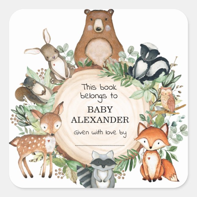 Pegatina Cuadrada Cute Woodland Animals Baby Shower Bookplate Labels (Anverso)