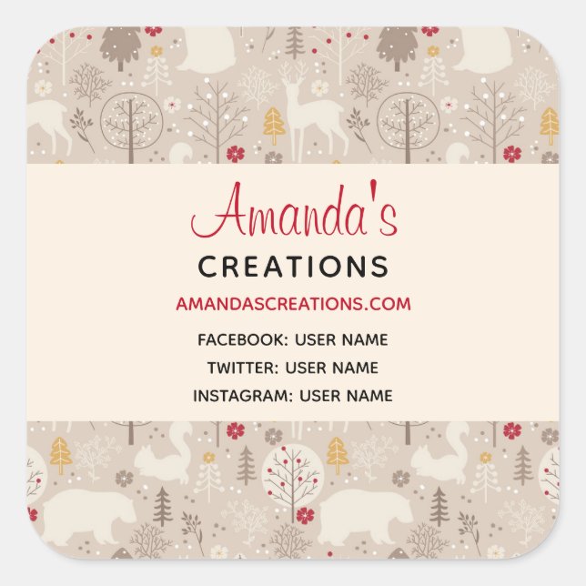 Pegatina Cuadrada Cute Woodland Animals Nordic Pattern Business (Anverso)