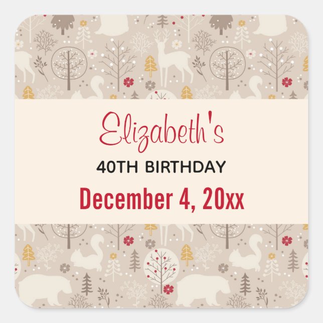 Pegatina Cuadrada Cute Woodland Animals Nordic Pattern Save the Date (Anverso)