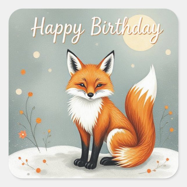 Pegatina Cuadrada Cute Woodland Brown Fox Happy Birthday (Anverso)