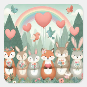 Pegatina Cuadrada Cute Woodland Creature rainbow valentine