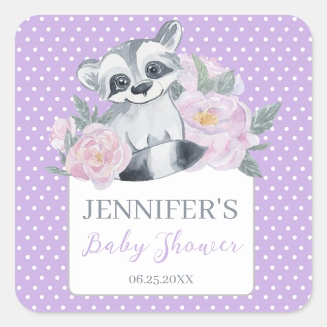 Pegatina Cuadrada Cute Woodland Raccoon Purple Polkadot Baby Shower (Anverso)