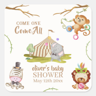 Pegatina Cuadrada Cute Woodland Safari Animal Circus Baby Shower