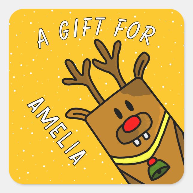 Pegatina Cuadrada Cute Yellow Reindeer Kid`s Name Christmas Gift (Anverso)