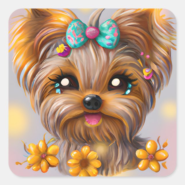 Pegatina Cuadrada Cute Yorkie Kawaii Puppy (Anverso)