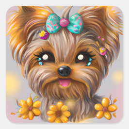 Pegatina Cuadrada Cute Yorkie Kawaii Puppy