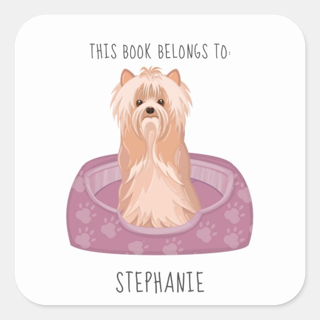 Pegatina Cuadrada Cute Yorkshire Terrier Este libro pertenece a (Anverso)