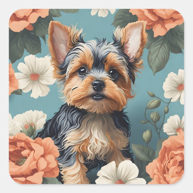 Pegatina Cuadrada Cute Yorkshire Terrier Puppy Floral (Anverso)