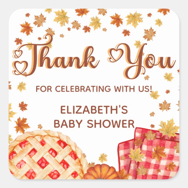 Pegatina Cuadrada Cutie Pie Pumpkin Fall Baby Shower Thank You (Anverso)
