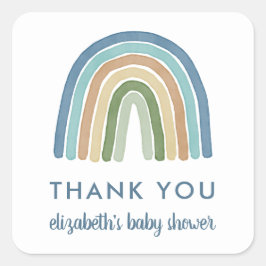 Pegatina Cuadrada Cuto Boho acuarela Arcoiris Baby Shower | Azul