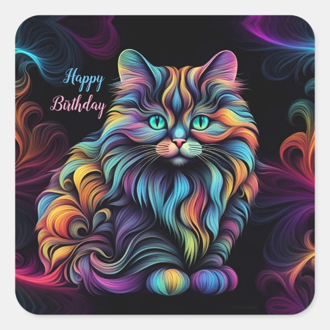 Pegatina Cuadrada Cuto colorido Kitty Cat Art Cumpleaños (Anverso)