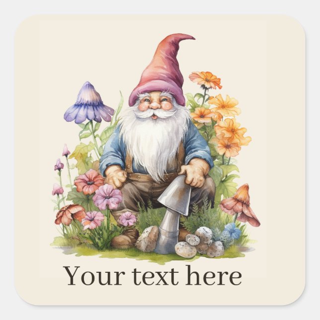 Pegatina Cuadrada Cuto Garden gnome añadir texto (Anverso)