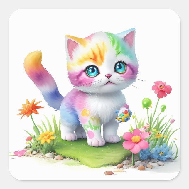 Pegatina Cuadrada Cuto gato (Anverso)