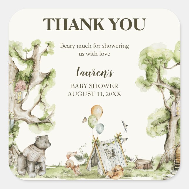 Pegatina Cuadrada Cuto género Neutral Woodland Baby Shower Gracias (Anverso)