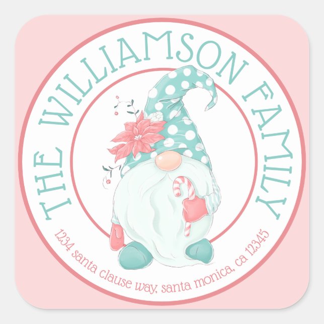 Pegatina Cuadrada Cuto Pastel Gnome Nombre Familia Devolver Direcció (Anverso)