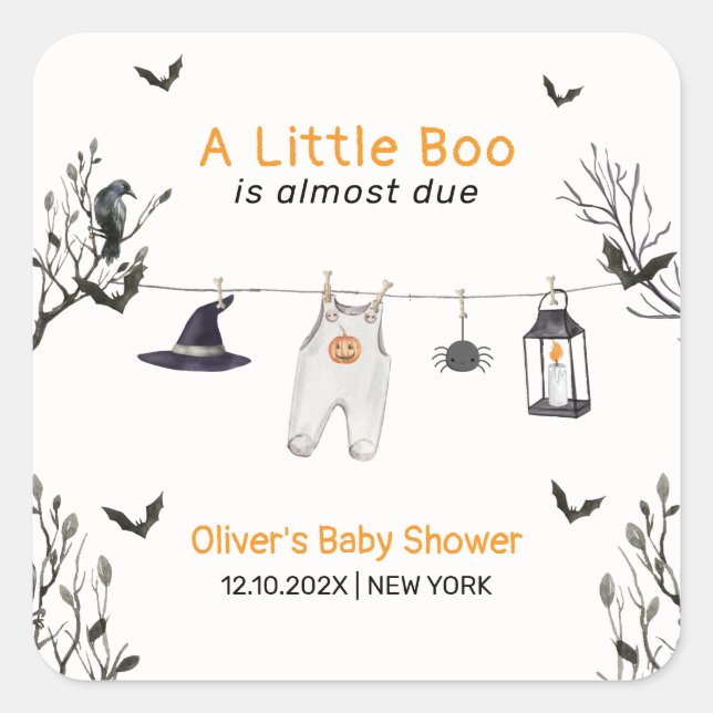 Pegatina Cuadrada Cuto Pequeño Boo Clothesline Baby Shower (Anverso)