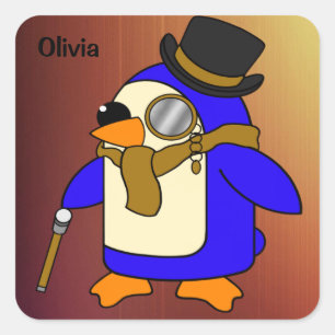 Pegatina Cuadrada Cuto personalizado pingüino curtido cuero marrón