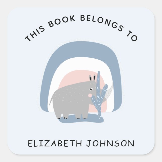 Pegatina Cuadrada Cuto Rhino Ilustracion Arcoiris Nombre del niño Bo (Anverso)