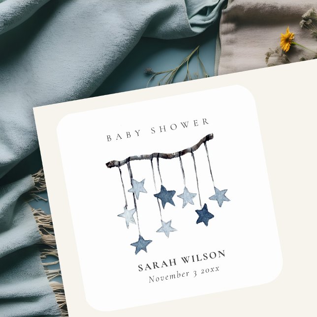 Pegatina Cuadrada Cuto simple Aqua Blue Star Mobile Boy Baby Shower (Subido por el creador)