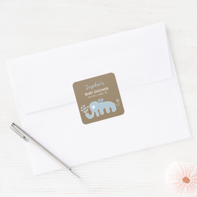 Pegatina Cuadrada Cuto Whimsical Blue Elephant Love Boy Baby Shower (Sobre)