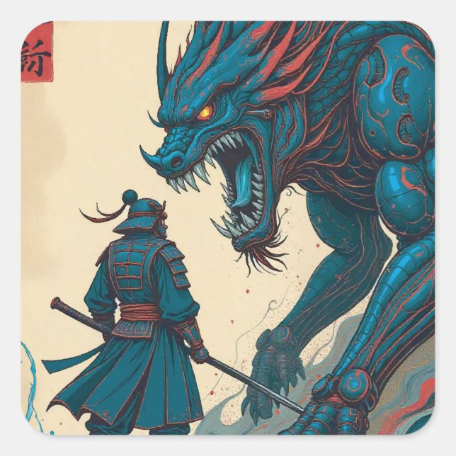 Pegatina Cuadrada "Cyber Duel – Samurai vs Circuit Glyph Beast" (Anverso)