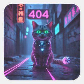 Pegatina Cuadrada Cyberpunk 404 Error Neon Cat Sticker